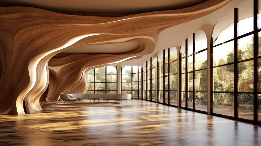 Sculpted wood interior architecture with arched windows and natural light