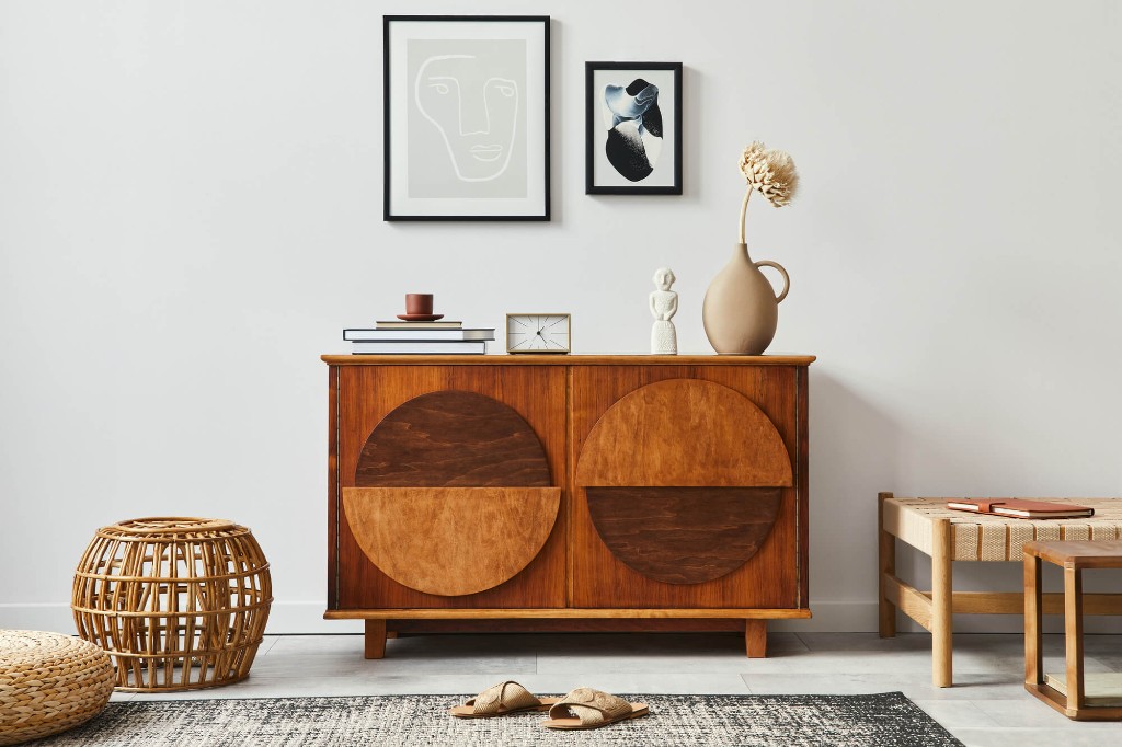 Custom wood sideboard with geometric grain doors and refined interior styling